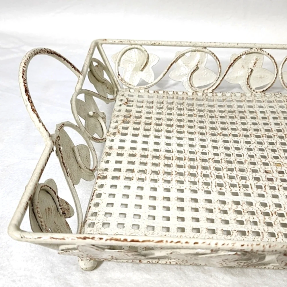 Vintage Style Shabby Chic Metal Footed Tray‎ Basket Like New